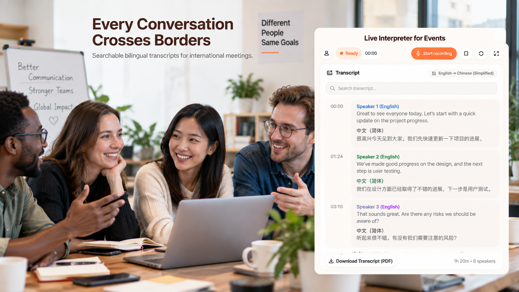 Searchable bilingual meeting transcript showing original conversation and translation after an international meeting.