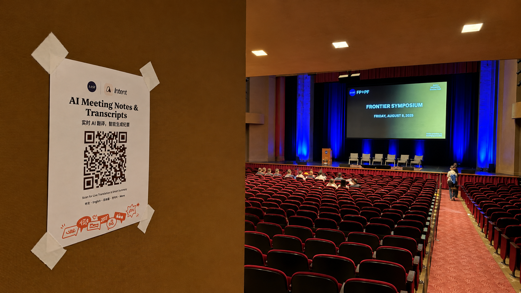  Intent AI Meeting Notes and real-time translation poster at the AASF Frontier Symposium, displayed beside the conference auditorium at Stanford University.