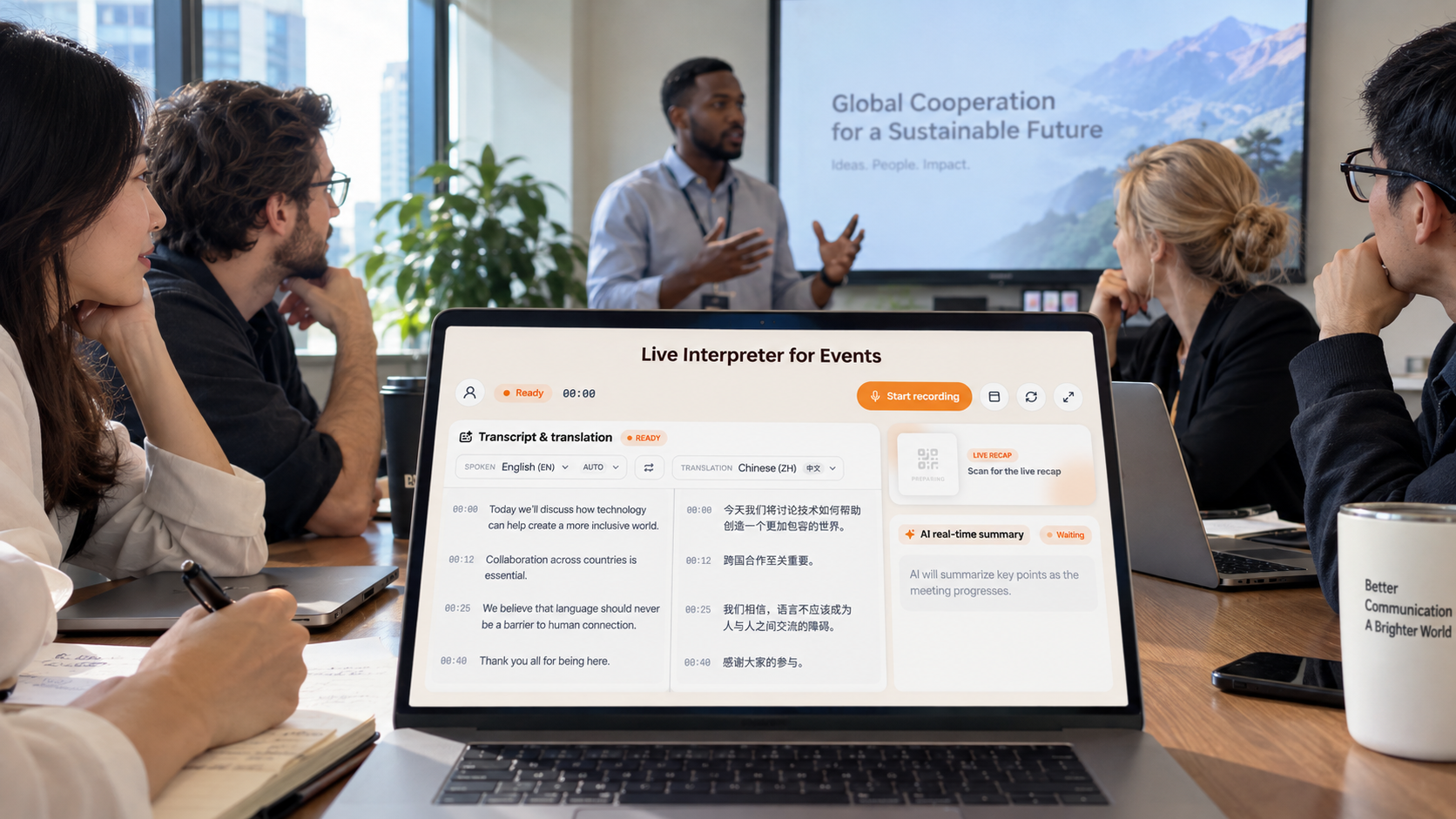 International team using live translation for a meeting with original speech and translated captions displayed side by side.